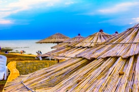 Straw beach umbrellas are lined up along the shore with a vivid blue sky and expansive sea in the background. Beach chairs are scattered nearby, and a stone pathway leads through the grassy area toward the water.