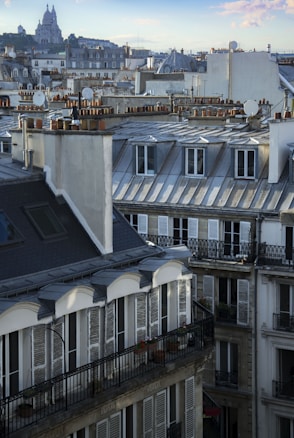 The image captures a scenic view of Parisian rooftops with chimney stacks, satellite dishes, and intricate balconies. The iconic Sacr&eacute;-C&oelig;ur Basilica is visible in the background, perched on a hill. The overall architecture showcases the classic Parisian style with slate roofs and cream-colored facades.