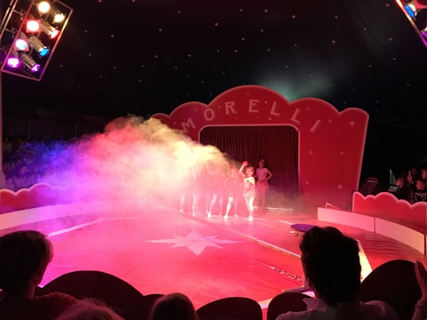 A vibrant circus setting with a stage and large red curtains. The word 'Morelli' is displayed prominently on an arch above the curtains. Colorful stage lights create a mist with hues of pink, purple, and yellow. People are sitting in the audience with silhouettes visible against the illuminated backdrop. Performers are standing in front of the curtains, partially obscured by the colorful haze.