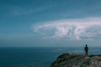 A person standing on a cliff, looking out over a vast ocean.