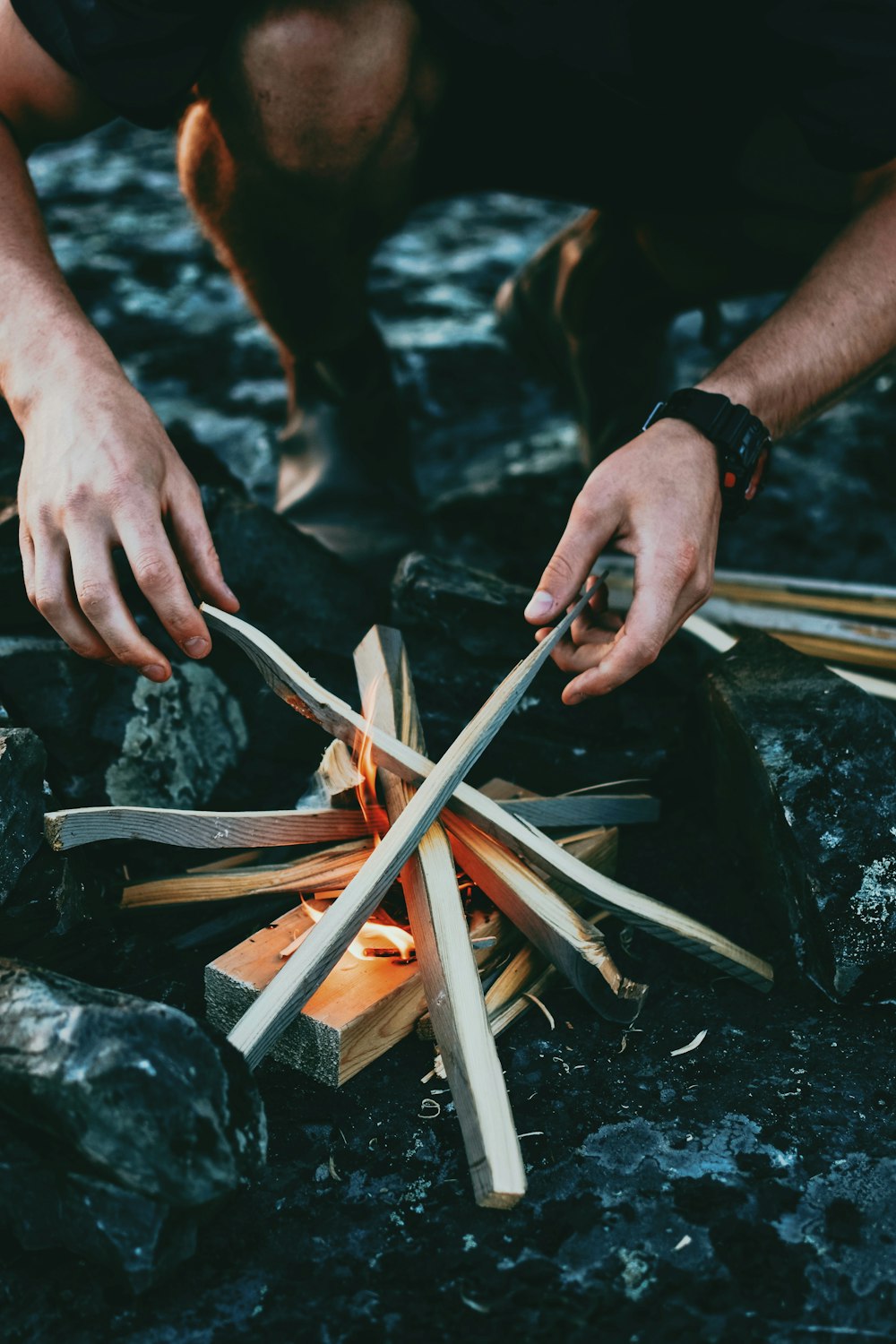 Person, die graues Holzholz hält