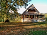 A rustic wooden house with a steep roof is surrounded by a spacious grassy area covered with fallen leaves. Large trees with dense foliage provide shade and a natural backdrop. The warm sunlight casts shadows, creating a peaceful and serene atmosphere.