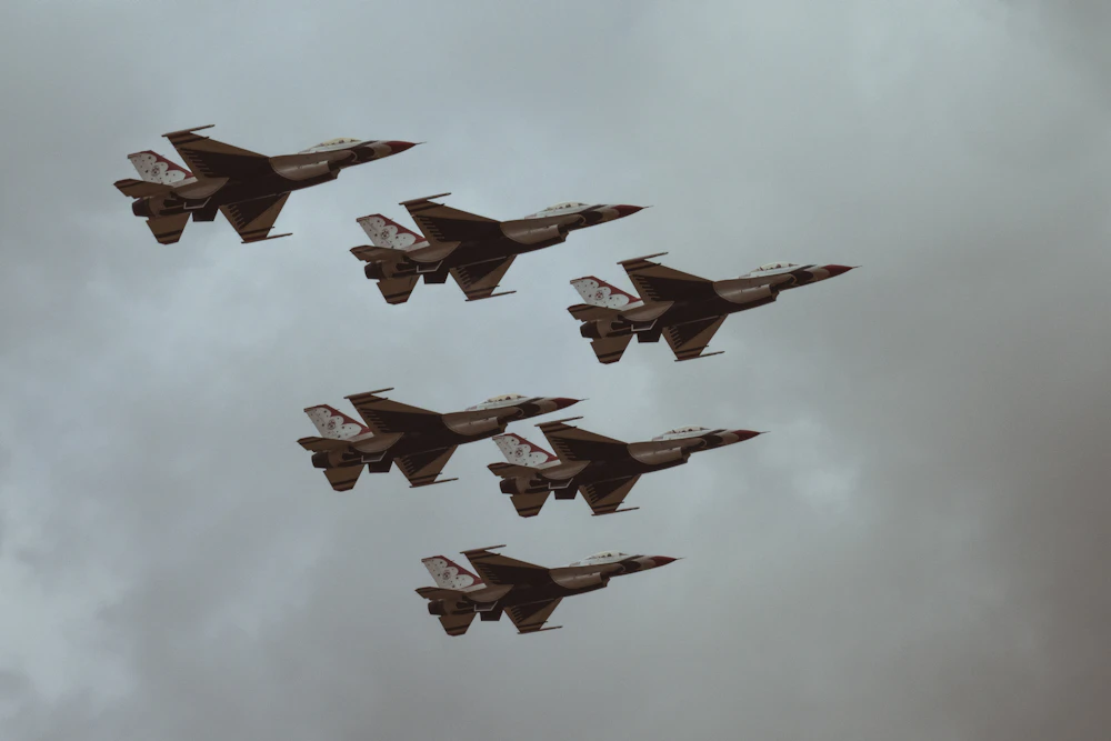 Formation of military fighter jets in flight