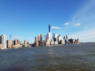 A panoramic view of Manhattan skyscrapers under a clear blue sky.