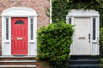 Before-and-after side-by-side of a freshly painted front door in white and silver tones.