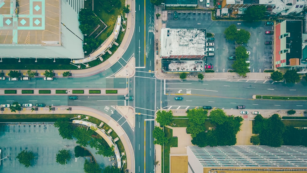 aerial view of gray and black road