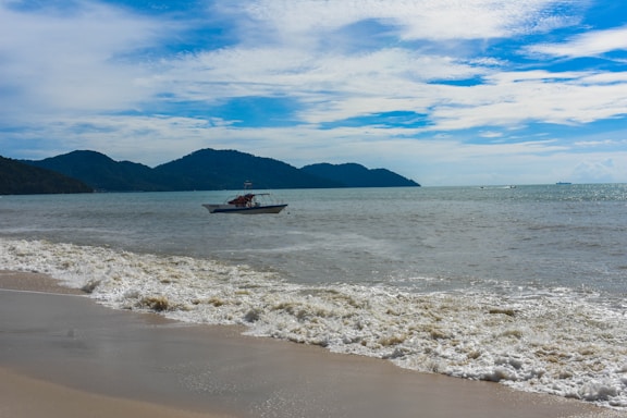 A serene coastal view with gentle waves and a distant boat on the horizon.