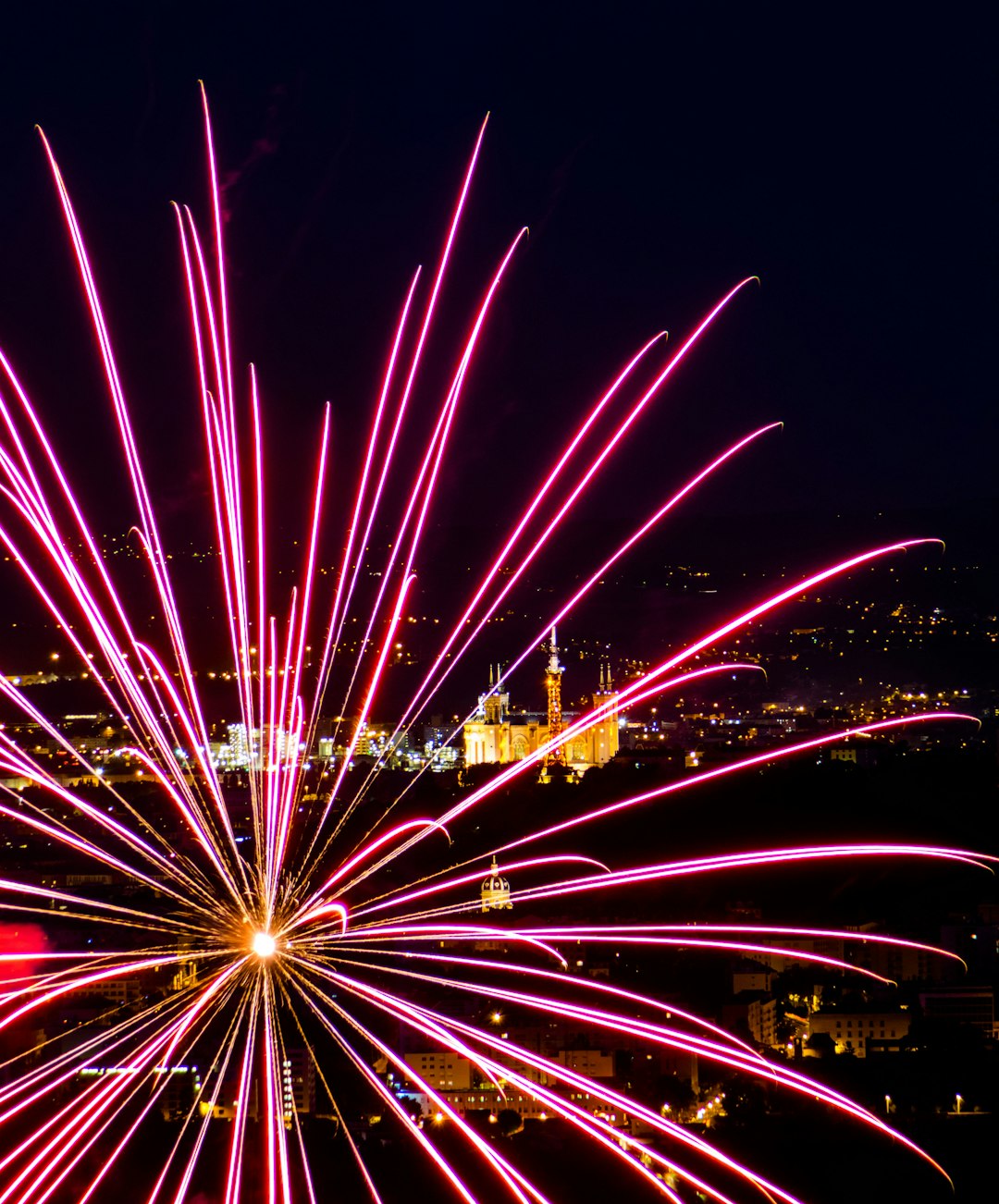 A purple fireworks display in France.