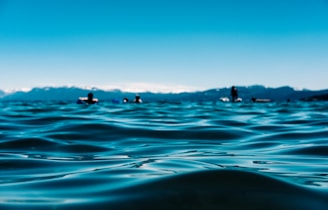 A serene landscape of the Dead Sea with people floating.