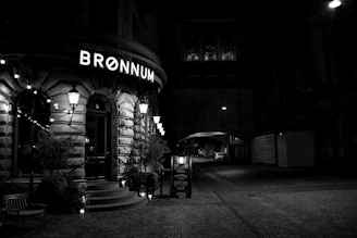 A cozy Copenhagen street with Nordic Adcraft's logo subtly displayed on a shop window.