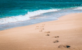 Footprints are visible on a sandy beach leading towards the ocean, with gentle waves lapping at the shore. The sea has a deep blue and turquoise color, creating a relaxing seaside atmosphere.