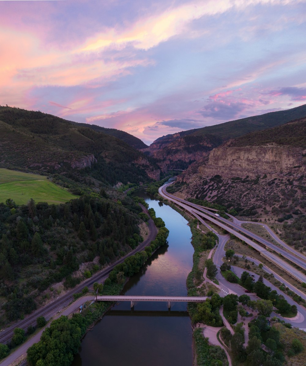 aerial view of trees and bridge