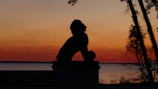 Silhouette of a lion walking along a ridge at dusk.