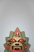 Close-up of a lively Therian mask with bold colors and smooth lines.