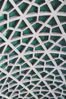 A meshwork of concrete support beams on a ceiling
