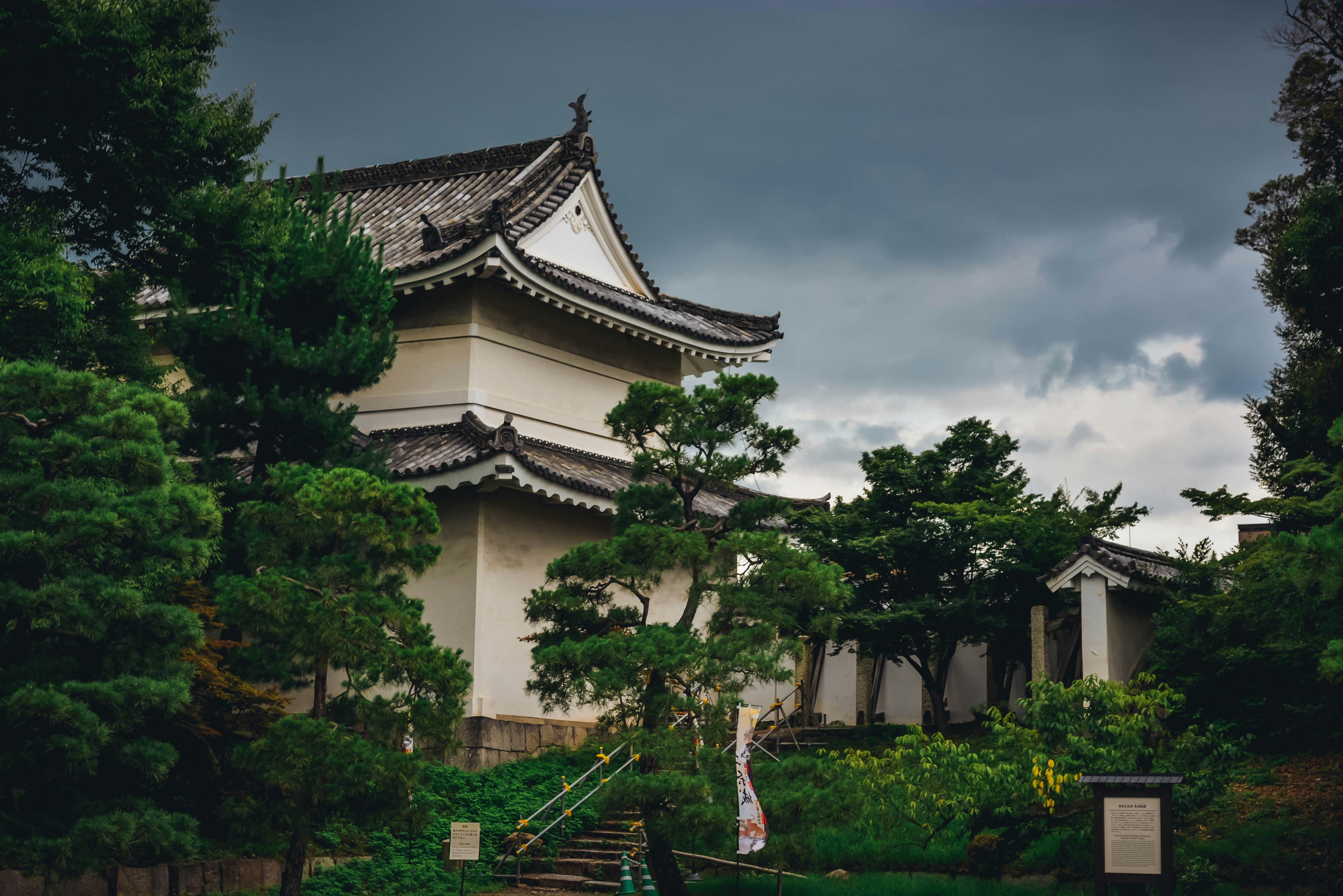 Japanese castle in misty mountains, cherry blossom trees, ancient architecture, foggy atmosphere