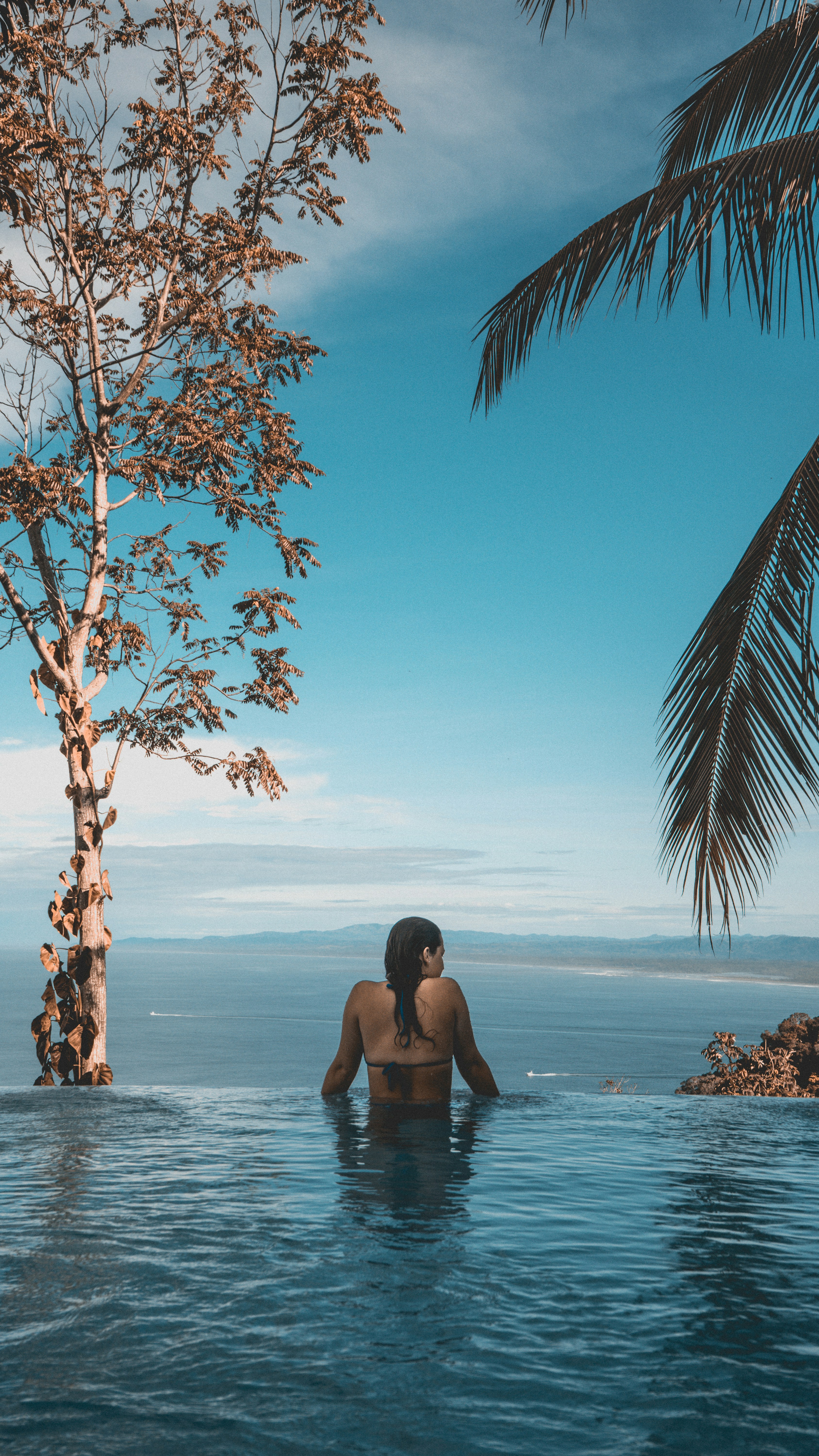great photo recipe,how to photograph hotel pool with a pretty cool pacific ocean view.
 please credit me and follow me on instagram if you like my work. thanks!
 www.instagram.com/maxtscha; woman wearing black bikini tap swimming on body of water between trees