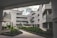 A modern residential complex featuring curved architecture with multiple stories. The buildings are white, with glass balustrades on the balconies. The setting includes landscaped green areas with well-maintained shrubs and small trees. The sky is partially cloudy, creating a serene and tranquil environment.