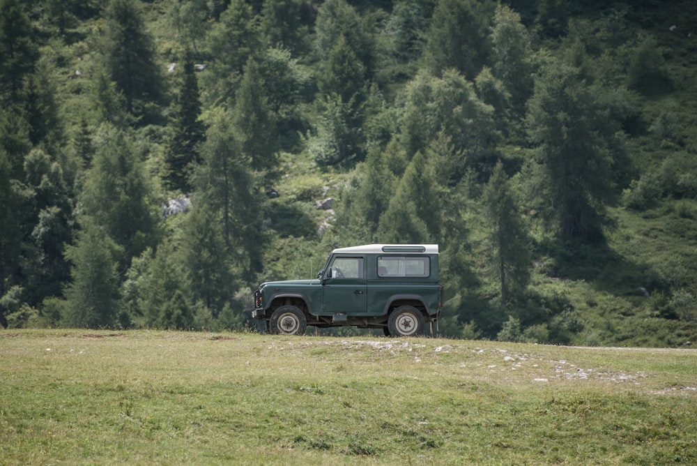 Grüner Geländewagen auf grüner Wiese