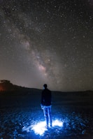 An atmospheric drawing of a lone traveler under a starry sky