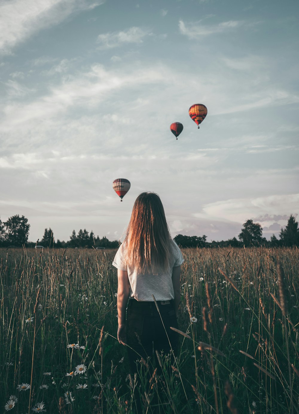 femme regardant des montgolfières dans un champ de fleurs