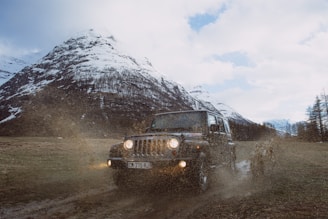 A rugged vehicle drives through a muddy terrain, splashing mud across its path. The setting is a vast mountainous landscape with snow-capped peaks and a muted sky. Sparse trees line the perimeter, adding to the remote and adventurous atmosphere.