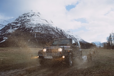A rugged vehicle drives through a muddy terrain, splashing mud across its path. The setting is a vast mountainous landscape with snow-capped peaks and a muted sky. Sparse trees line the perimeter, adding to the remote and adventurous atmosphere.