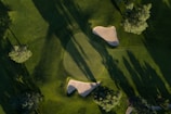 An aerial view of a golf course featuring a green with two sand bunkers. Surrounding the green, lush, well-maintained grass extends outward. Several trees cast long shadows across the landscape, indicating the position of the sun.