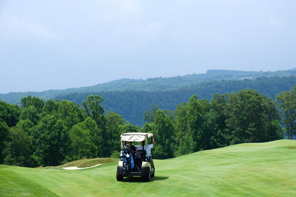 deux personnes conduisant une voiturette de golf blanche