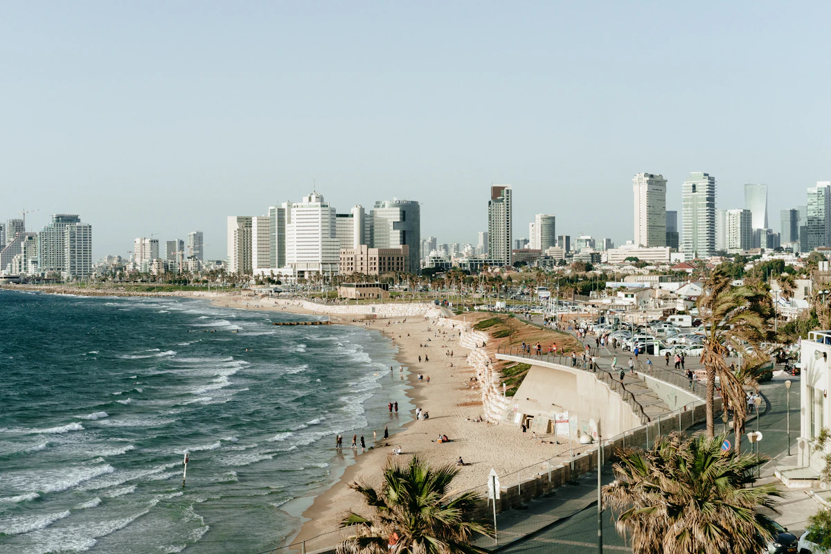 The Tel Aviv skyline seen along the Mediterranean shoreline