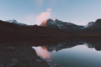 landscape photo of lake near gray mountains during daytime reflection teams background