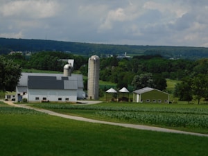 A rural scene with a farm consisting of a few buildings, including a barn and silos, surrounded by green fields and trees. The landscape extends into the distance with rolling hills and partly cloudy skies overhead.