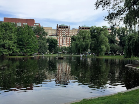A peaceful residential community nestled among lush greenery with flowing water features.