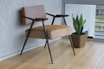 brown fabric padded armchair beside green snake plant inside room chair teams background