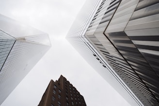 looking up at tall buildings in a city