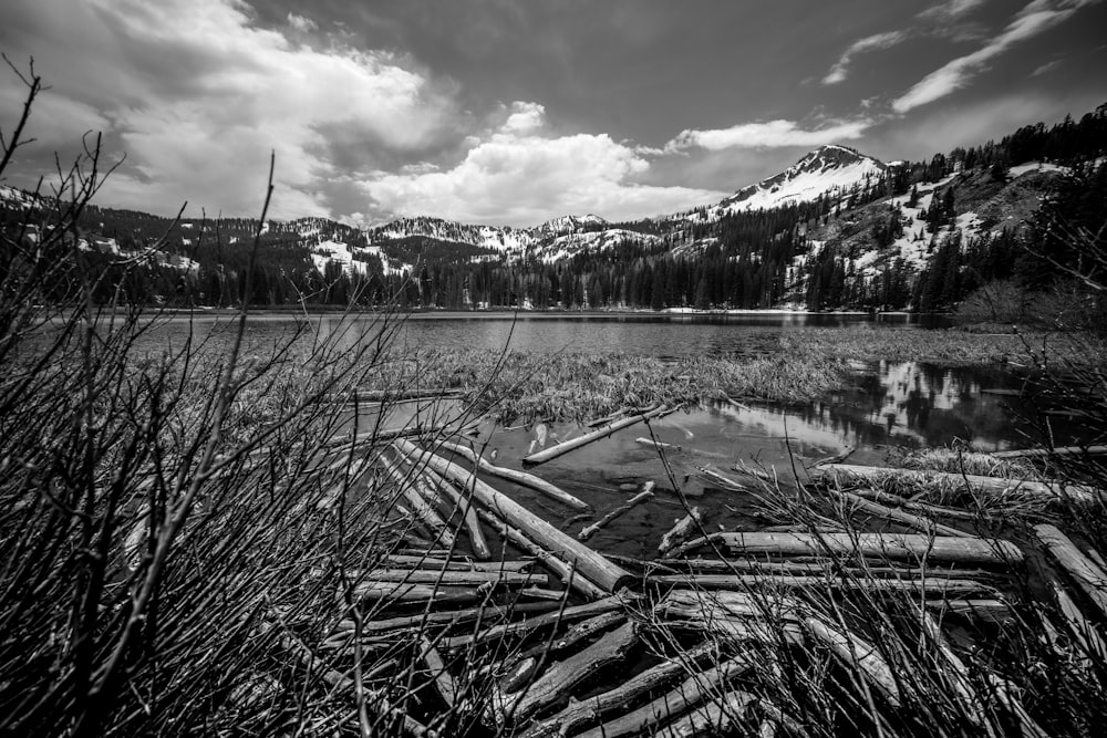 grayscale photo of lake and mountain