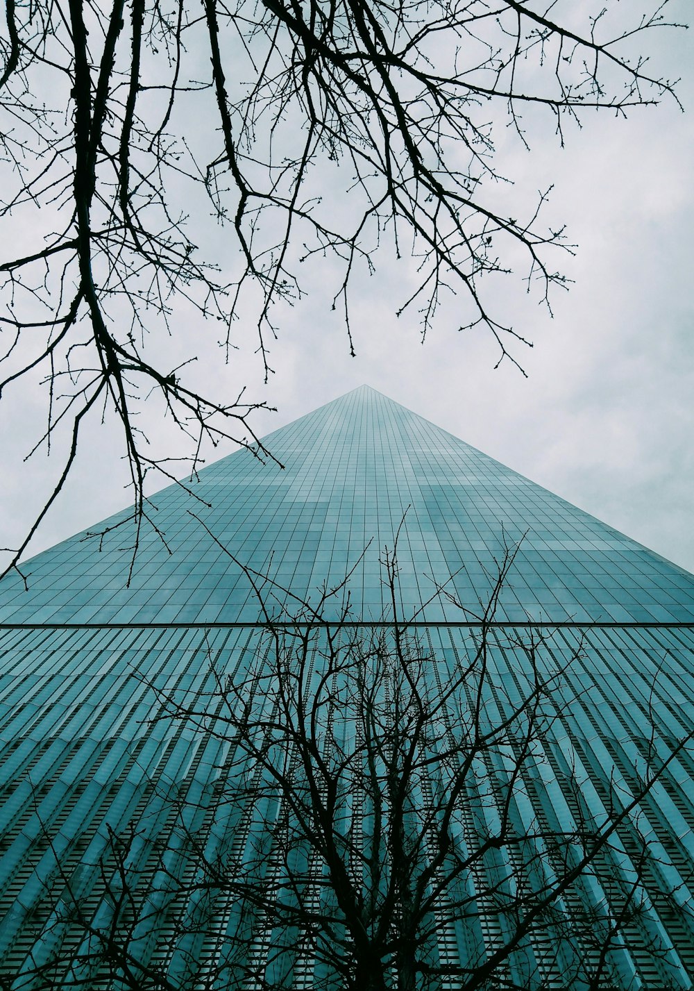 Foto de ángulo bajo de edificios de gran altura de vidrio azul