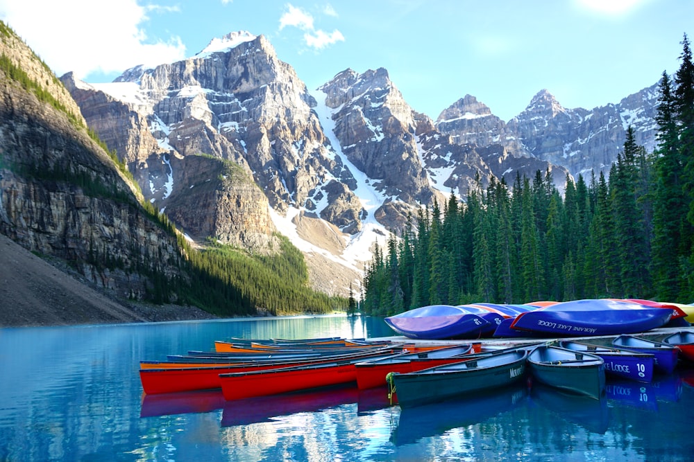 Mountain View Lake Louise with Snow and canoes