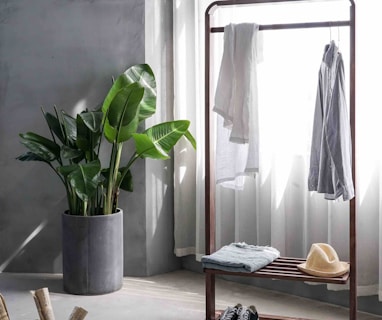 gray dress shirt hang on brown wooden rack in front of window with white curtain