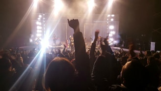 A lively concert scene with a tribute band performing on stage, capturing the energy of the audience.