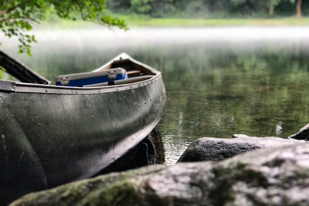focus photo of gray and black canoe on body of water under green leaf tree