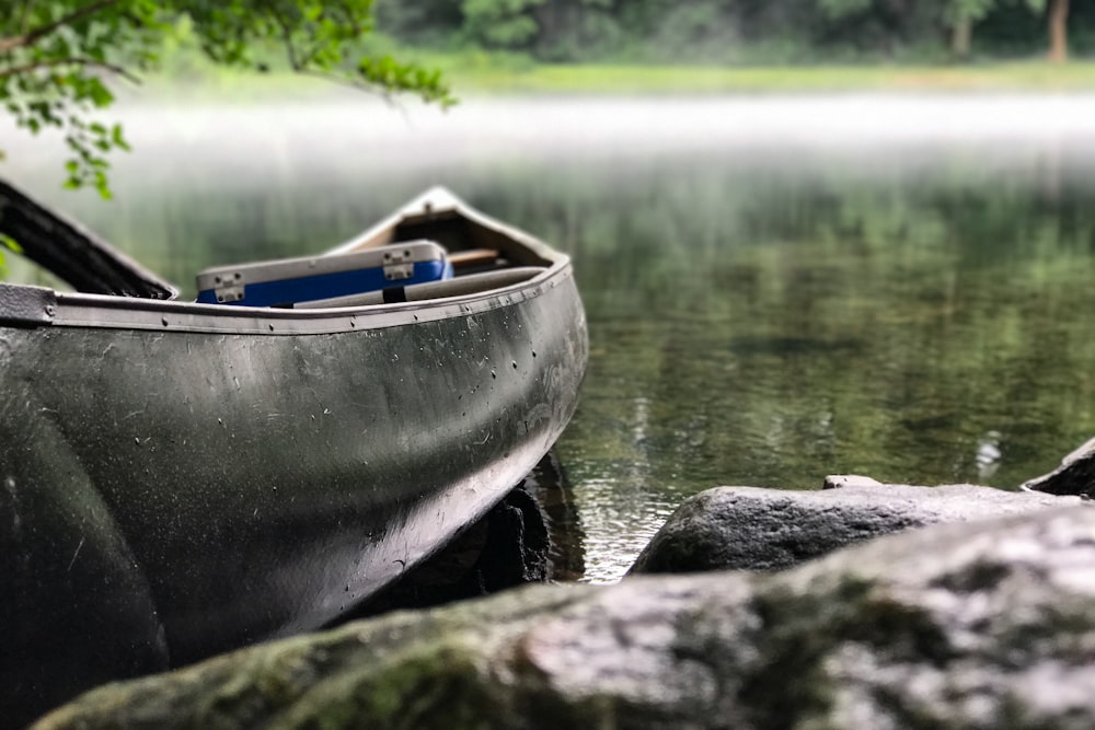 Foto de enfoque de canoa gris y negra en el cuerpo de agua debajo del árbol de hojas verdes