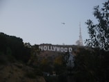 A hillside with the iconic Hollywood sign prominently displayed in large white letters. In the sky above, a helicopter hovers, and atop the hill, a tall communication tower is visible. Trees and shrubs fill the foreground, adding a touch of greenery, while the sky is clear and blue.