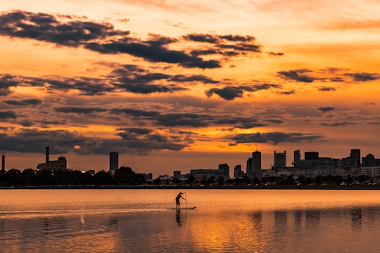 landscape photography of silhouette of man on boat near city buildings in Castle Island United States