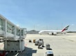 white Emirates airplane on airport