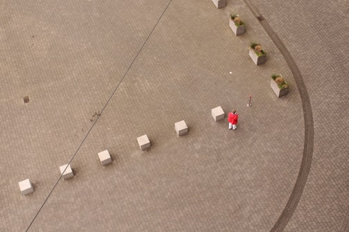 Aerial shot of a large outdoor plaza paved with interlocking fly ash blocks