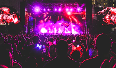 A vibrant crowd at a nighttime outdoor concert with colorful stage lights illuminating the artist.