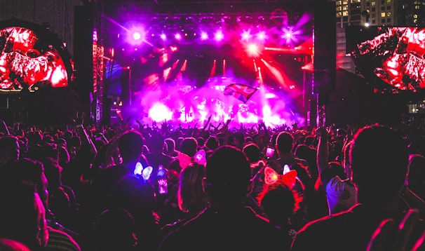 A vibrant crowd enjoying a night concert under colorful lights.