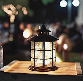 lamp on brown wooden box with shallow depth of field