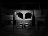 An old, industrial oven or furnace is made of brick and metal. The image is in black and white, emphasizing the stark and somber atmosphere. Two large, round doors are central to the structure, with heavy locking mechanisms. Surrounding the doors are bricks forming part of the wall, with shadows casting a dramatic effect.